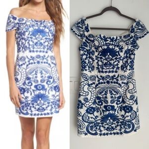 Foxiedox Embroidered Mini Dress Women’s Medium White Blue Off Shoulder Coastal